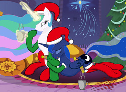 Size: 1500x1090 | Tagged: dead source, safe, artist:killkatt, princess celestia, princess luna, alicorn, pony, g4, chocolate, christmas tree, clothes, food, glowing horn, hat, horn, hot chocolate, magic, santa hat, sisters, sleeping, smiling, snuggling, stockings, telekinesis, tree, vector