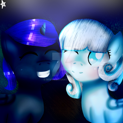 Size: 1024x1024 | Tagged: safe, artist:miw96, oc, oc only, oc:nyx, oc:snowdrop, alicorn, pegasus, pony, abstract background, alicorn oc, blushing, cute, dark, eyes closed, female, filly, grin, lesbian, nuzzling, obtrusive watermark, ocbetes, one eye closed, shipping, smiling, snownyx, squee, watermark, wink