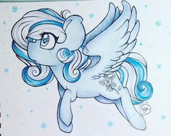 Size: 1024x809 | Tagged: safe, artist:pizza0w0, oc, oc only, oc:snowdrop, pegasus, pony, female, filly, flying, multicolored hair, multicolored mane, multicolored tail, profile, signature, snow, snowflake, solo, spread wings, teary eyes, traditional art, wings