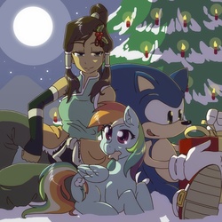 Size: 1200x1200 | Tagged: safe, artist:brillen-schlange, rainbow dash, g4, candle, christmas, christmas tree, crossover, korra, male, moon, present, sonic the hedgehog, sonic the hedgehog (series), the legend of korra, tree