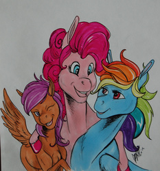 Size: 1024x1097 | Tagged: safe, artist:sagastuff94, pinkie pie, rainbow dash, scootaloo, g4, hug, traditional art