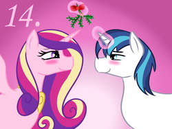 Size: 800x600 | Tagged: safe, artist:mod-named-carot, princess cadance, shining armor, g4, blushing, gradient background, looking at each other, mistletoe