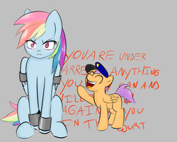 Size: 962x775 | Tagged: safe, artist:owlnon, rainbow dash, scootaloo, g4, arrested, blushing, bondage, bondage cuffs, bondage gear, bound wings, cuffs, miranda rights, prisoner rd