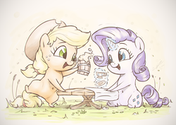 Size: 1440x1018 | Tagged: safe, artist:assasinmonkey, part of a set, applejack, rarity, earth pony, pony, unicorn, g4, apples & gems calendar, belly button, chibi, cup, duo, duo female, female, grass, magic, mug, open mouth, open smile, sitting, smiling, table, telekinesis
