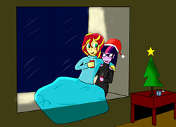 Size: 3425x2480 | Tagged: safe, artist:goldhajik, sci-twi, sunset shimmer, twilight sparkle, equestria girls, g4, christmas, christmas tree, glasses, hat, high res, hug, santa hat