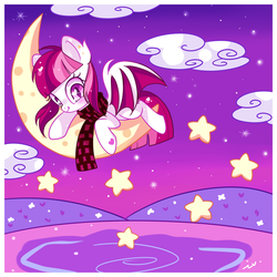 Size: 1000x1000 | Tagged: safe, artist:ipun, oc, oc only, oc:starry skies, bat pony, pony, blushing, cloud, fangs, female, heart eyes, mare, moon, solo, stars, tangible heavenly object, wingding eyes