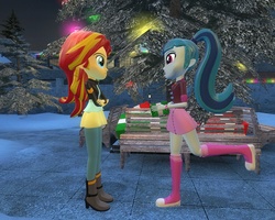 Size: 1280x1024 | Tagged: safe, artist:meltingman234, sonata dusk, sunset shimmer, equestria girls, g4, 3d, christmas, female, lesbian, present, ship:sunata, shipping