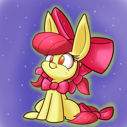 Size: 1250x1250 | Tagged: safe, artist:heir-of-rick, part of a set, apple bloom, earth pony, pony, daily apple pony, g4, :t, adorabloom, big ears, bow, bowtie, cute, female, filly, freckles, glowing, gradient background, hair bow, heir-of-rick is trying to murder us, impossibly large ears, neck bow, puffy cheeks, sitting, smiling, snow, solo, tail bow