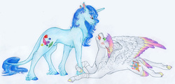 Size: 5000x2415 | Tagged: safe, artist:dawn22eagle, oc, oc only, oc:bright topaz, oc:diamond blade, classical unicorn, pegasus, pony, unicorn, colored wings, duo, horn, leonine tail, lying down, male, multicolored wings, next generation, nudity, offspring, parent:princess cadance, parent:shining armor, parents:shiningcadance, sheath, tail feathers, traditional art, wings