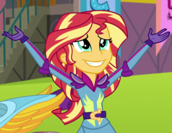 Size: 934x720 | Tagged: safe, edit, edited screencap, screencap, sunset shimmer, equestria girls, g4, my little pony equestria girls: friendship games, :d, arms in the air, cropped, smiling, sunedge shimmer, teeth