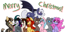 Size: 1280x637 | Tagged: dead source, safe, artist:art-of-autumn-leaf, artist:whisperfoot, oc, oc only, oc:autumn leaf, oc:regal masquerade, oc:violet seren, bat pony, earth pony, pegasus, pony, christmas, clothes, cutie mark, female, furry, holly, holly mistaken for mistletoe, male, ponysona, scarf, shipping