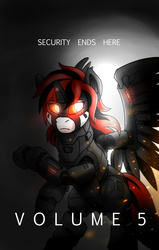 Size: 1400x2200 | Tagged: dead source, safe, artist:whitepone, oc, oc only, oc:blackjack, cyborg, cyborg pony, pony, unicorn, fallout equestria, fallout equestria: project horizons, amputee, armor, cybernetic legs, glowing eyes, level 4 (alicorn eclipse) (project horizons), solo