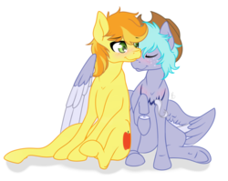 Size: 1024x815 | Tagged: safe, artist:ginja-hime, braeburn, oc, oc:drifter trek, pegasus, pony, g4, blushing, canon x oc, eyes closed, hug, nuzzling, shipping, sitting, smiling, tongue out, underhoof, wat, winghug