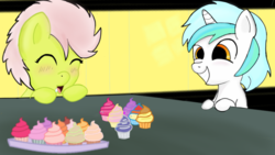 Size: 960x540 | Tagged: safe, oc, oc only, pony, unicorn, colt, cupcake, female, filly, food, male, meme