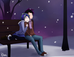 Size: 1389x1073 | Tagged: safe, artist:kprovido, stellar eclipse, oc, oc only, oc:night lark, human, g4, canon x oc, clothes, converse, duo, female, humanized, male, oc x oc, outdoors, shipping, shoes, snow, snowfall, stellarnight, straight