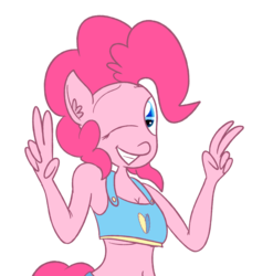 Size: 2401x2434 | Tagged: safe, artist:mr-degration, pinkie pie, earth pony, anthro, g4, belly button, cleavage, clothes, female, high res, midriff, peace sign, simple background, solo, tank top, transparent background, wink