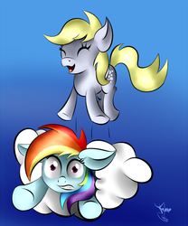 Size: 700x840 | Tagged: safe, artist:ferasor, derpy hooves, rainbow dash, pegasus, pony, g4, catchlights, cloud, female, jumping, mare, stuck, stuck in a cloud