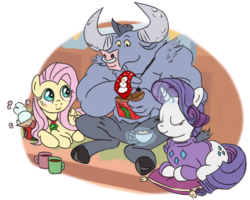 Size: 1000x800 | Tagged: safe, artist:creepycurse, fluttershy, iron will, rarity, minotaur, pegasus, pony, unicorn, g4, blushing, chocolate, christmas, clothes, cute, eyes closed, fabulous, female, food, hearth's warming, holly, hot chocolate, male, mare, necktie, pillow, ship:ironshy, shipping, snowman, straight, trio, willabetes