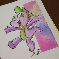 Size: 1080x1080 | Tagged: safe, artist:agnesgarbowska, spike, g4, jumping, male, open mouth, solo, traditional art, watercolor painting