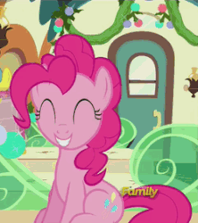 Size: 250x281 | Tagged: safe, screencap, pinkie pie, g4, hearthbreakers, animated, discovery family, discovery family logo, female, laughing, magic, multi image animation, nose in the air, talking, telekinesis, volumetric mouth