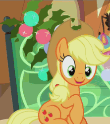 Size: 250x281 | Tagged: safe, screencap, applejack, lemon hearts, pinkie pie, g4, hearthbreakers, animated, female, laughing, magic, multi image animation, newspaper, nose in the air, talking, telekinesis, volumetric mouth