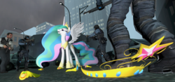 Size: 1542x724 | Tagged: safe, artist:dbuilder, princess celestia, human, g4, 3d, elements of harmony, gmod, gun, mercenaries, mercenary, police, skyward scream, street, weapon