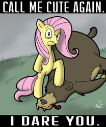 Size: 1592x1910 | Tagged: safe, artist:nexivian, fluttershy, harry, bear, g4, cute, dare, dead, i'm not cute, looking at you, shyabetes, tempting fate, tongue out