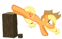 Size: 1280x819 | Tagged: safe, artist:psychroculus, applejack, earth pony, pony, g4, applejack's hat, bucking, cowboy hat, crossover, female, hat, mare, minecraft, shocked, simple background, solo, transparent background, tree, wat, watermark, wood block