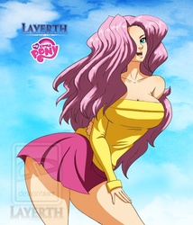 Size: 771x900 | Tagged: safe, artist:layerth, fluttershy, human, g4, breasts, busty fluttershy, cleavage, female, humanized, solo, watermark