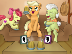 Size: 1280x961 | Tagged: safe, artist:mkogwheel, apple bloom, applejack, granny smith, g4, applejack's hat, applejack's parents, both cutie marks, cheers, christmas, cider, crying, days gone by, food, hat, it's a pony kind of christmas, laughing, libation, the cmc's cutie marks