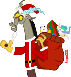 Size: 1523x1659 | Tagged: safe, artist:roger334, discord, princess celestia, g4, bag, clothes, doll, female, happy, hearth's warming, inkscape, parody, ponyscape, present, santa claus, santa costume, simple background, solo, stuntmare, toy, transparent background, vector