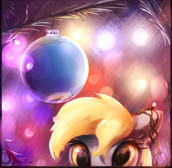 Size: 700x685 | Tagged: safe, artist:scootiebloom, derpy hooves, pegasus, pony, g4, bauble, christmas, christmas lights, female, mare, peeking, reflection, solo