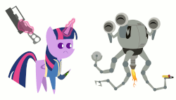 Size: 4400x2500 | Tagged: safe, artist:v0jelly, twilight sparkle, alicorn, pony, g4, animated, buzzsaw, circular saw, codsworth, crossover, fallout, female, mare, mister handy, pointy ponies, twilight sparkle (alicorn), vault