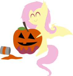 Size: 1880x1975 | Tagged: safe, artist:v0jelly, fluttershy, bat pony, pony, g4, apple, color, eyes closed, female, flutterbat, food, jack-o-lantern, paint, pointy ponies, simple background, sitting, smiling, solo, spooky flutterbat's countdown to halloween, transparent background