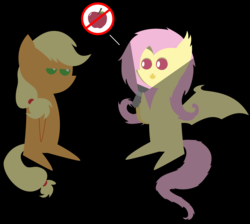 Size: 2526x2265 | Tagged: safe, artist:v0jelly, applejack, fluttershy, bat pony, pony, g4, apple, flashlight (object), flutterbat, food, high res, making faces with a flashlight, pointy ponies, scary story, sitting, spooky flutterbat's countdown to halloween, unamused