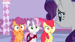 Size: 1366x768 | Tagged: safe, screencap, apple bloom, rarity, scootaloo, sweetie belle, g4, stare master, cape, clothes, cutie mark crusaders