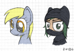 Size: 1417x980 | Tagged: safe, artist:nixianisky-alyans, derpy hooves, oc, oc:isis-chan, pegasus, pony, g4, angry, clothes, female, islamic state, mare, ponified, traditional art