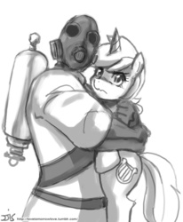 Size: 800x970 | Tagged: safe, artist:johnjoseco, lyra heartstrings, human, pony, unicorn, g4, crossover, female, gas mask, grayscale, holding a pony, hug, looking at you, mare, mask, monochrome, pyro (tf2), simple background, sketch, team fortress 2, white background