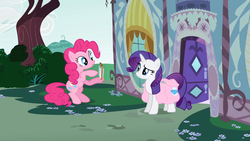 Size: 1366x768 | Tagged: safe, screencap, pinkie pie, rarity, earth pony, pony, unicorn, g4, swarm of the century, bag, carousel boutique, duo, female, harmonica, mare, musical instrument, saddle bag, tree