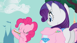 Size: 1366x768 | Tagged: safe, screencap, pinkie pie, rarity, pony, g4, swarm of the century, butt, female, harmonica, mare, musical instrument, plot