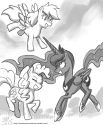 Size: 800x970 | Tagged: safe, artist:johnjoseco, derpy hooves, pinkie pie, princess luna, rainbow dash, pegasus, pony, g4, eyes closed, female, grayscale, mare, monochrome, open mouth, sketch