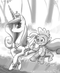 Size: 800x970 | Tagged: safe, artist:johnjoseco, princess cadance, spike, alicorn, dragon, pony, g4, crossed hooves, duo, female, grayscale, male, mare, monochrome, prone, sitting, sketch, wingless spike