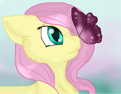 Size: 768x597 | Tagged: safe, fluttershy, butterfly, g4, butterfly on nose, female, insect on nose, solo