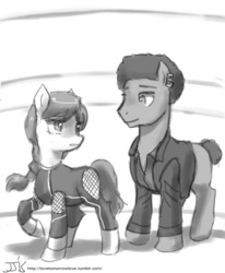 Size: 800x970 | Tagged: safe, artist:johnjoseco, cinna, clothes, grayscale, katniss everdeen, monochrome, ponified, raised hoof, the hunger games