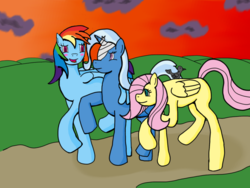 Size: 1024x768 | Tagged: safe, artist:thecrimsondm, fluttershy, rainbow dash, trixie, bird, pony, unicorn, g4, bandage, blushing, fanfic art, female, lesbian, mare, shipping, trixieshy