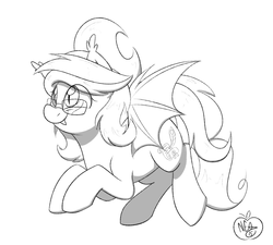 Size: 1280x1152 | Tagged: safe, artist:notenoughapples, oc, oc only, oc:scarlet quill, bat pony, pony, cute, ear fluff, fangs, flying, glasses, hair bun, reading glasses, signature, sketch, slit pupils, smiling, solo, spread wings