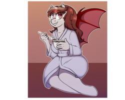 Size: 1280x1030 | Tagged: safe, artist:c1nn1m1n1, oc, oc only, oc:scarlet quill, bat pony, anthro, unguligrade anthro, alternate hairstyle, anthro oc, cereal, clothes, cute, ear fluff, fangs, food, glasses, looking at you, reading glasses, robe, sitting, slit pupils, smiling, solo, spoon, spread wings