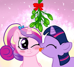 Size: 1200x1092 | Tagged: safe, artist:kuromi, princess cadance, twilight sparkle, g4, blushing, filly, licking, mistletoe, teen princess cadance, tongue out, younger