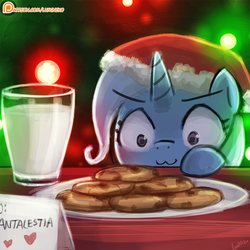 Size: 750x750 | Tagged: safe, artist:lumineko, trixie, pony, unicorn, g4, :3, >:3, christmas, cookie, cute, diatrixes, eyes on the prize, female, food, hat, lumineko is trying to murder us, mare, milk, milk and cookies, patreon, patreon logo, pure unfiltered evil, santa hat, solo
