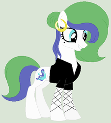 Size: 378x418 | Tagged: safe, artist:cotton-berry17, oc, oc only, oc:rita, beauty mark, clothes, concave belly, earring, female, fishnet stockings, mare, piercing, shirt, slender, solo, thin